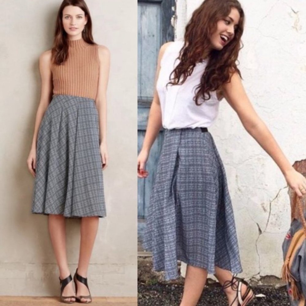 Anthropologie Ranna Gill Aven Midi Skirt Grid Plaid Print Zipper Size‎ XS Boho